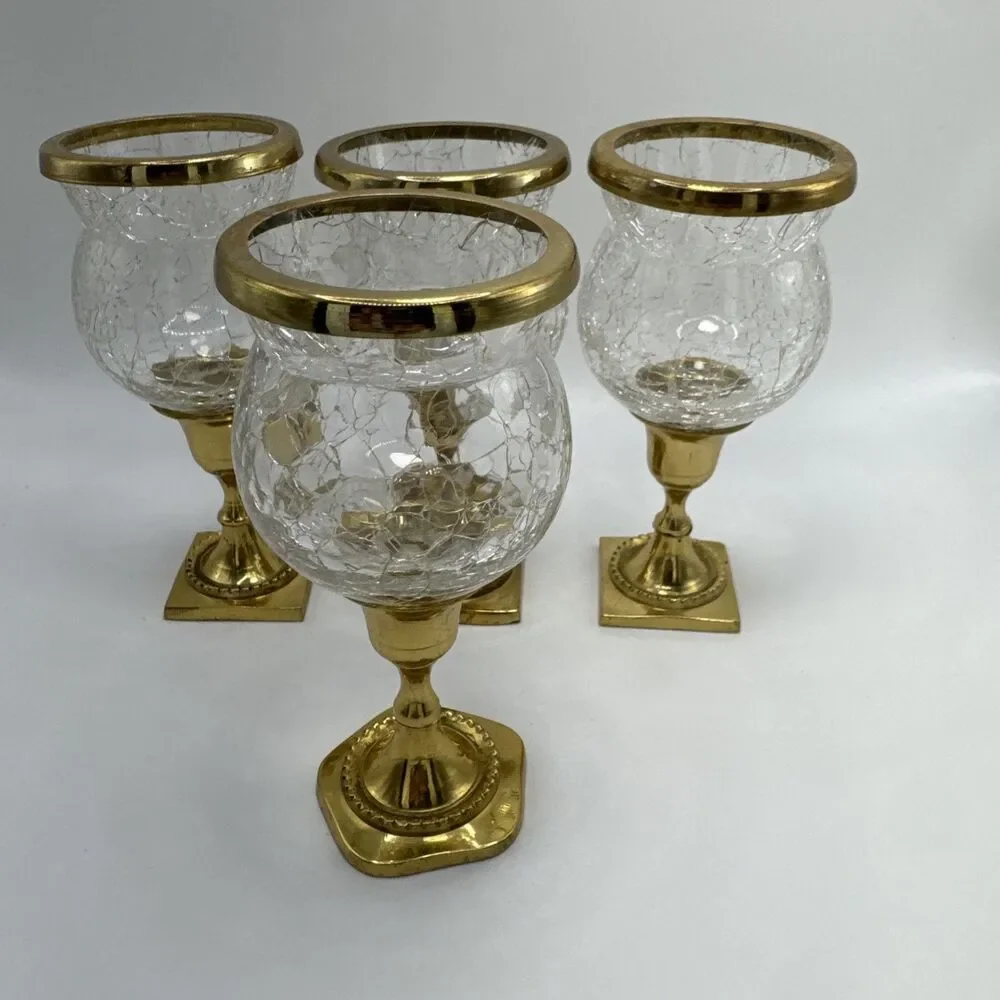 Vintage Mid-Century Gold Brass & Crackle Glass Votive Candle Holder Set of 4